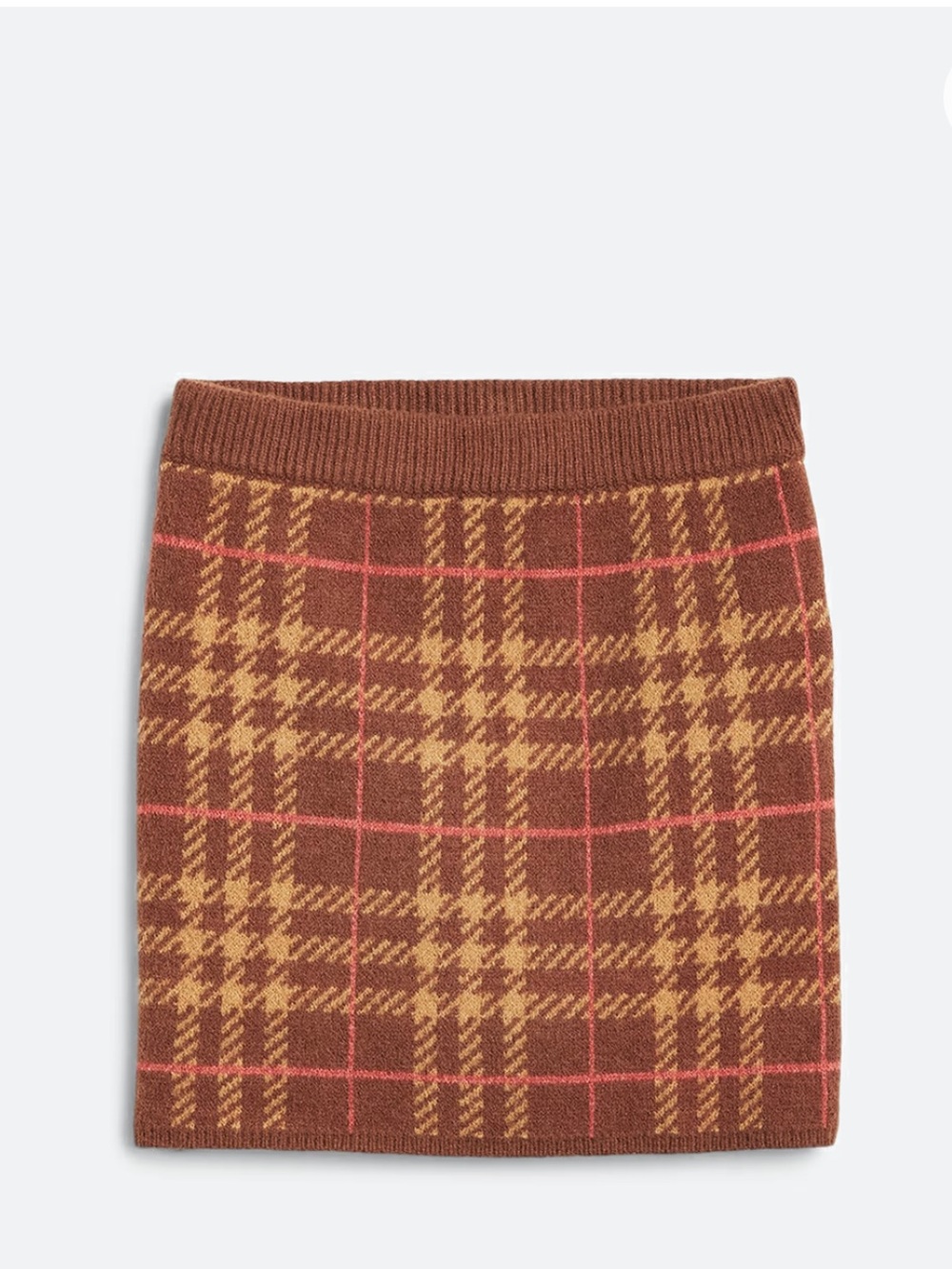En Saison Plaid Knit Mini Skirt in Brown and Tan with Pink Accents